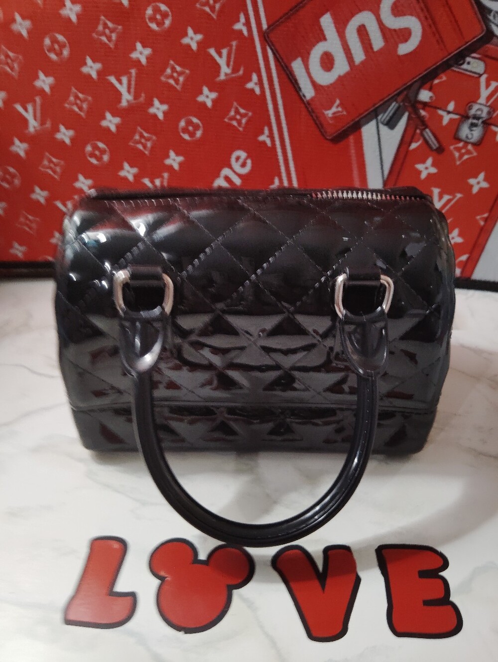 Patent Quilted Black Dome Satchel